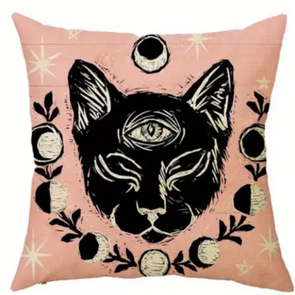 Pink Pillow Cover 18X18  Home Decorations, Black Cat, 3rd Eye, Moon Phases, Goth